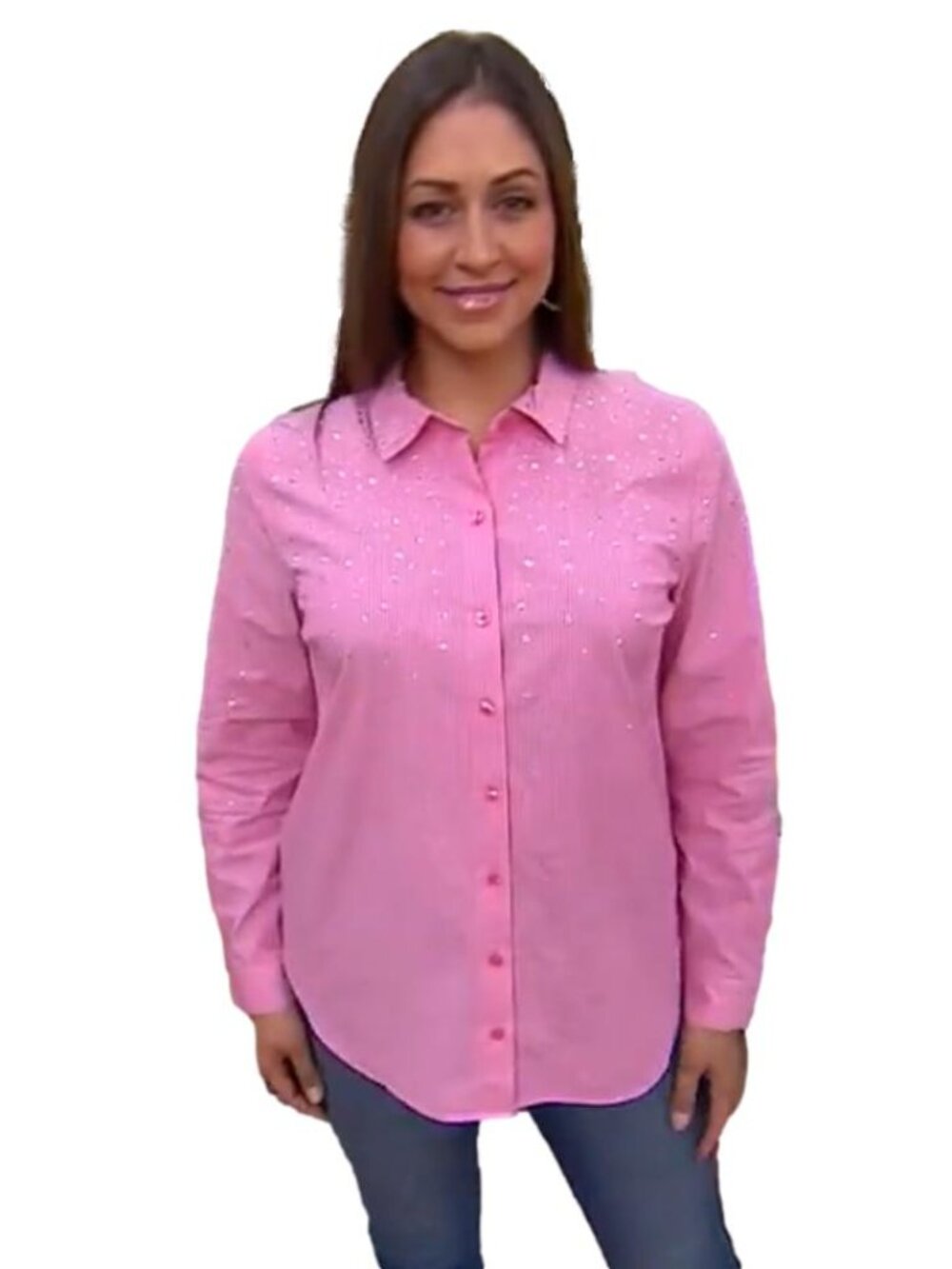 Isaac Mizrahi Live! Regular Embellished Yarn Dye Stripe Poplin Tunic Pink Size M - Picture 2 of 4
